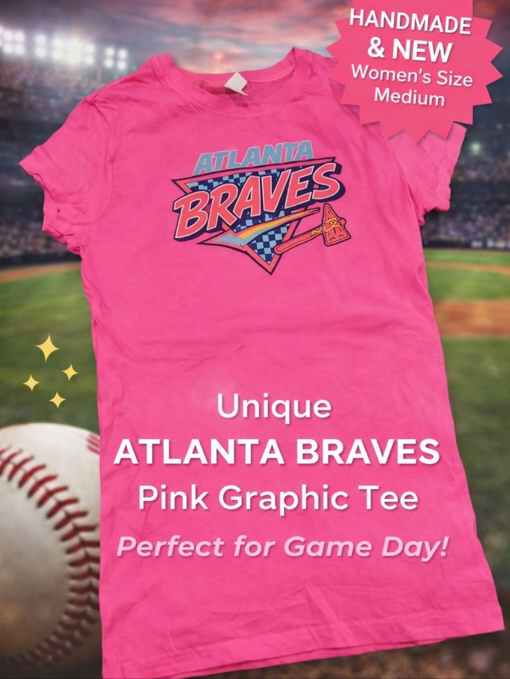 Atlanta Braves Pink Graphic Tee | Women’s Medium | Handmade | MLB Fan Shirt